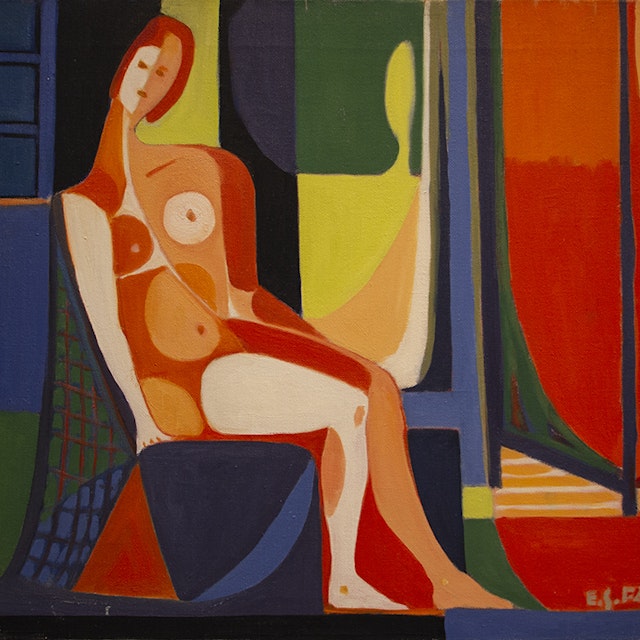 Seated Woman with Red Screen